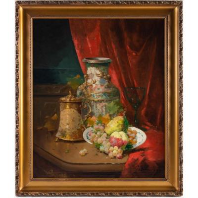 Emile Godchaux (1860 - 1938) : Plate With Fruits With A Chinese Vase.