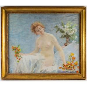 A Woman With A Bouquet Of Nasturtiums.