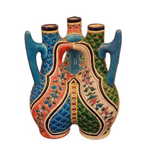 Longwy 19th Century Trilobed Gourd Vase "scales And Floral Garlands"