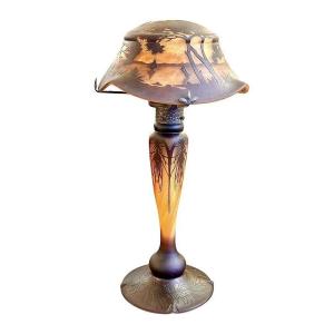 Daum Nancy Art Nouveau Mushroom Lamp "seascape With Boats"