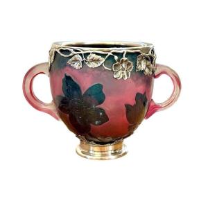 Daum Nancy Art Nouveau Silver-mounted Bowl With Handle "christmas Roses"