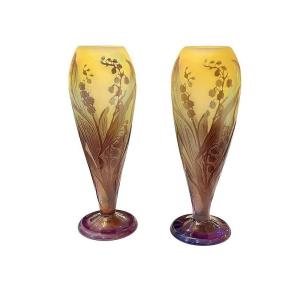 Pair Of Gallé Art Nouveau Vases "with Lily Of The Valley"