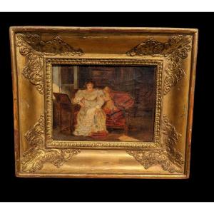 Painting Hst Interior Scene Woman And Child 19th Century