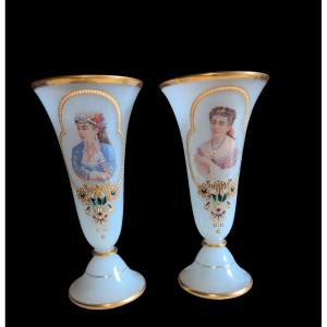 Pair Of White Opaline And Gold Rim Cornet Vases With Enamel Decoration 