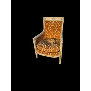 Lacquered And Gilded Wood Bergère With Sword-shaped Uprights. Sabre-shaped Back Legs. Consula Empire Period