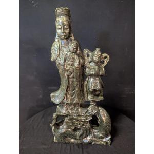 Large Green Veined Marble Guanyin Statue