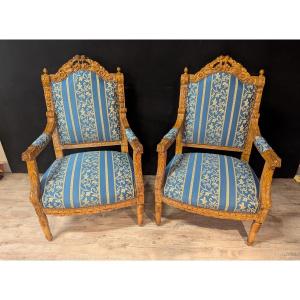 Pair Of Louis XV Style Armchairs In Carved Wood And Blue Fabric
