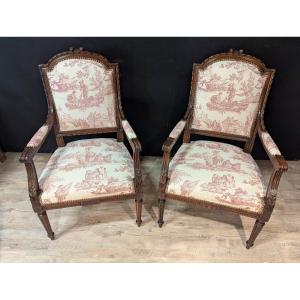 Pair Of Louis XVI Armchairs In Walnut, Toile De Jouy Fabric