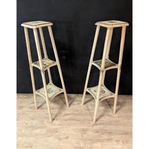 Pair Of Large Painted Wooden Side Tables With Three Tops.