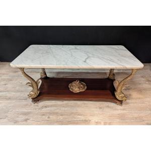 Coffee Table In Mahogany And Gilt Bronze, White Marble Top – 1950s Work