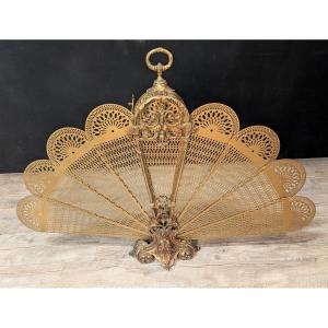 Large Napoleon III Gilt Bronze Fireplace Screen With Nine Leaves, Fan-shaped