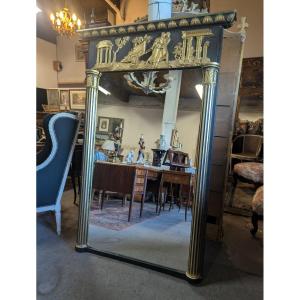 Large Empire-style Mirror In Dark Green Painted Wood And Gilded Stucco