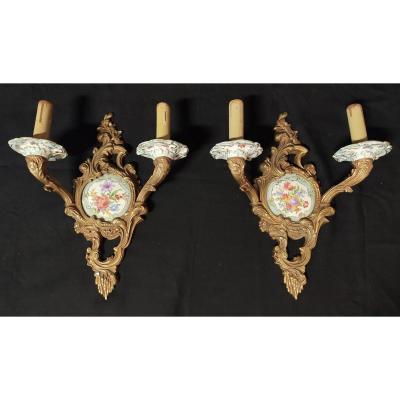 Pair Of Louis XV Bronze And Porcelain Sconces