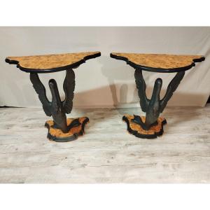 Pair Of Lacquered And Painted Italian Console