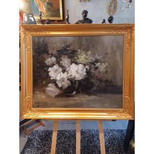 Painting Of Flowers, Oil On Canvas, 19th