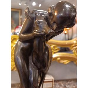 Art Deco Bronze Sculpture, Bronze Group "young Girl With Doe"
