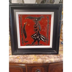J. Lurcat, Red Ceramic Tile, "coq Debout" Black And White On Red Background