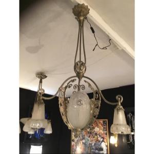 Art Deco Chandelier In Nickel-plated Bronze, 1925 Period Signed Gilles