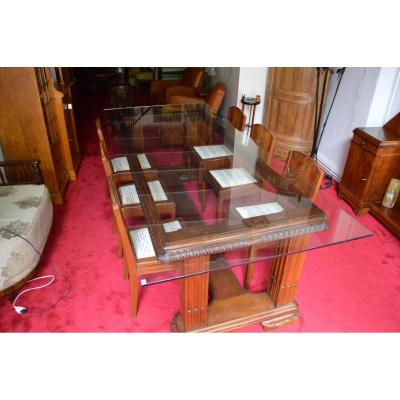 Table Glass Art Deco Walnut And Mahogany