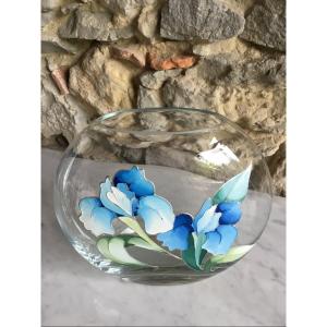 Crystal Vase. Iris Enamel Decoration. Year 1980
