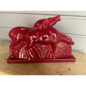 Couple Of Antelopes By Charles Lemanceau In Earthenware 1930