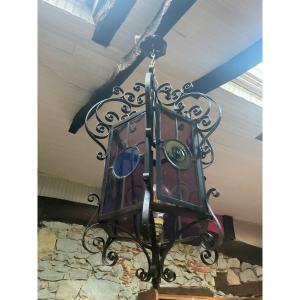 Large Lantern, Cathedral Glass, Early 20th Century 