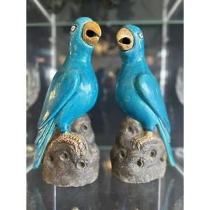 Pair Of Ceramic Parrots 19th Century