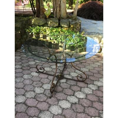 Round Table Wrought Iron And Glass. Large Model Of The 1950s.