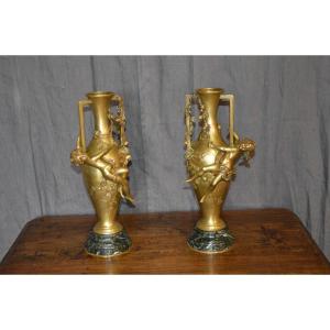 Pair Of Art Nouveau Bronze Vases, Auguste Moreau.