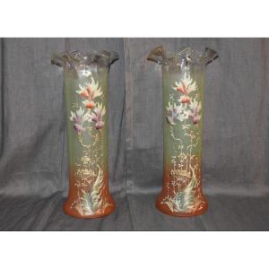 Pair Of Legras Enameled Glass Vases