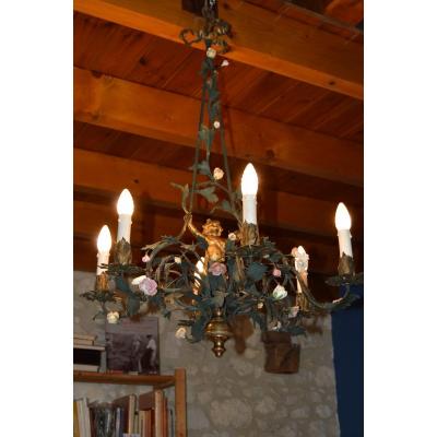 Painted Sheet Metal Chandelier And Bronze Angel