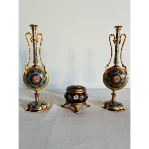 Pair Of Gilt Bronze Persian Style Enamel Vases