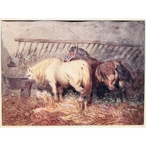 Watercolor Horses In The Stable By Théodore Fort