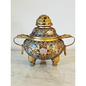Chinese Perfume Burner In Gilded Bronze With Cloisonné Enamels 