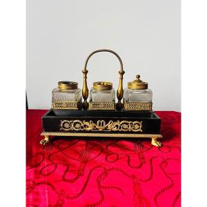 Empire Writing Inkwell In Ebony And Stamped Gilded Bronze