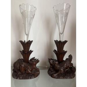 Pair Of 19th Century "black Forest" Cornet Vases