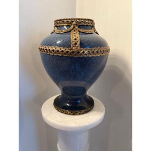 Blue Earthenware Vase With Gilded Bronze Frame In Louis XVI Style 