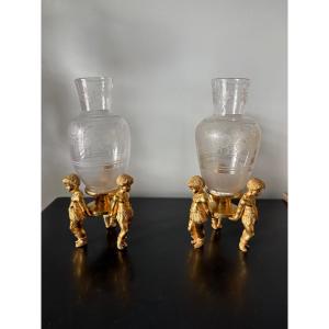Vases "allegory Of America" In Gilt Bronze And Crystal 