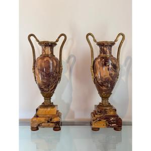 Pair Of Siena Marble Vases With Bronze Swan-neck Mounts