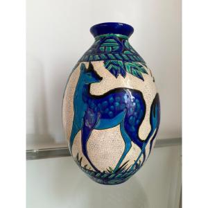 Charles Catteau Vase With Blue Deer, Keramis Art Deco
