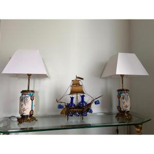 Longwy Enamel Lamps With "japanese" Style Decoration