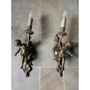Pair Of Gilt Bronze Cherub Wall Sconces 