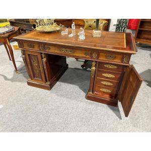 Empire Style Desk, Egyptian Revival Style, In Mahogany Adorned With Gilt Bronze Mounts 
