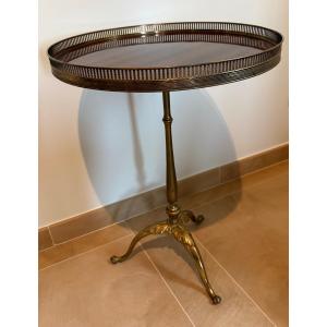 Three-legged Brass Pedestal Table With Mahogany Top Maison Jansen