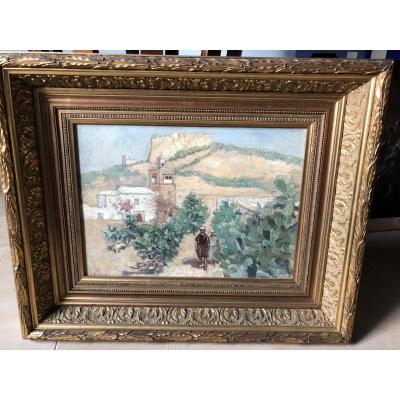 Orientalist Painting Representing Two Characters In The Middle Of Prickly Pears