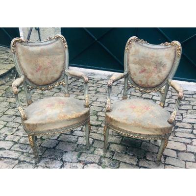 Pair Of Rechampis And Gold Transition Armchairs