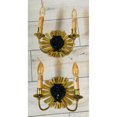 Pair Of Radiant Sun Gilt Bronze Wall Lights From The Charles House