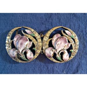 Piel Freres, Belt Buckle With Iris Decoration, Metal, Enamel And Rhinestones, Art Nouveau