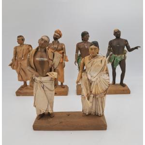  Six Carved And Painted Wooden Statuettes, 19th Century India, Folk Art