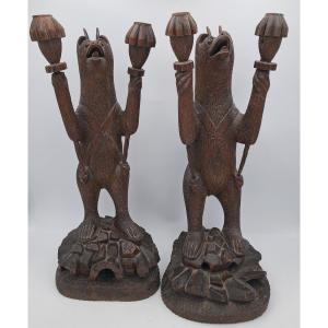 Pair Of Black Forest Candelabra Dated 1877, Mephistophelean Bear